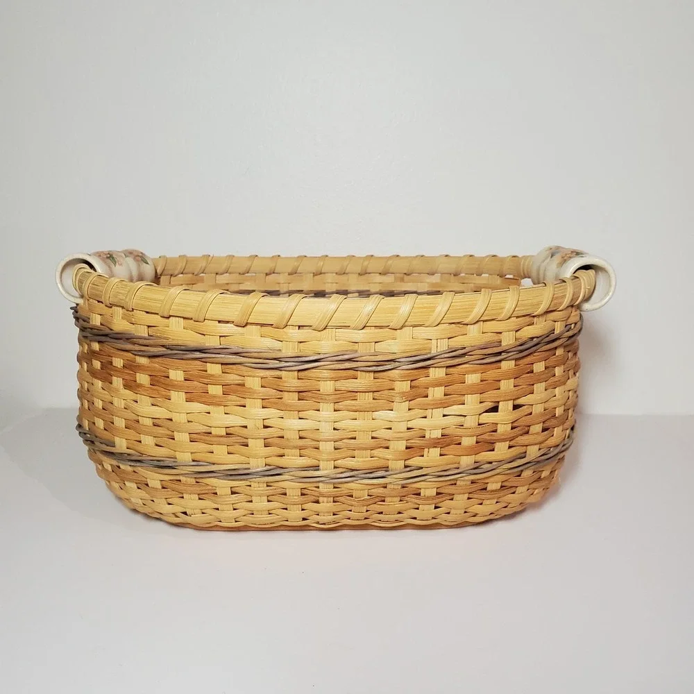Signed‎ Artisan Woven Splint Bread Basket Wood Base Floral Porcelain Handles
